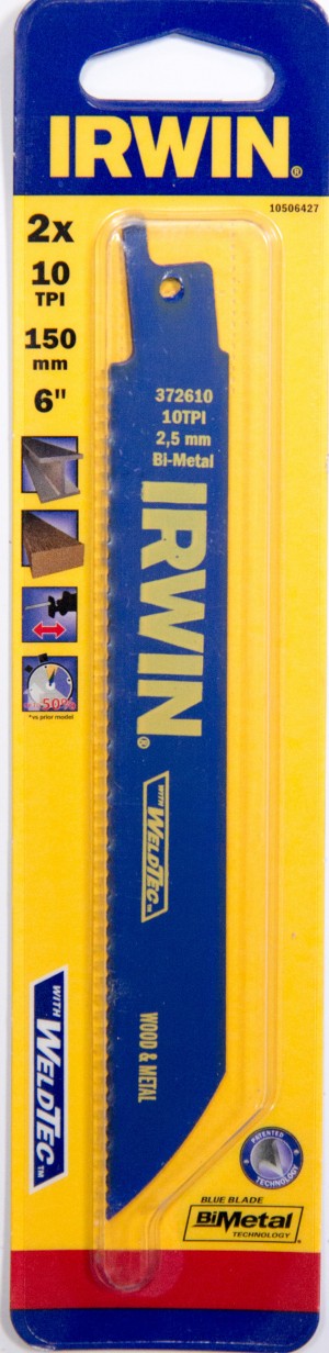 IRWIN Bi-Metall-Säbelsägeblätter für nageldurchsetztes Holz 656R 15mm 6TPI, für nageldurchsetztes Holz 1 Pkg. = 2 Stk.