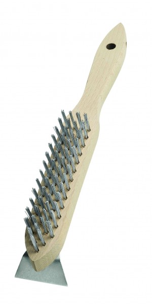 LESSMANN Grillbürsten mit Schaber 4 Reihen Stahldraht rostfrei ROF gew. 0,35 mm hoch 25 mm Schaber aus Stahl rostfrei ROF