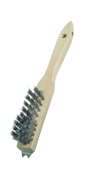 LESSMANN Grillbürsten mit Schaber 250x25x16 mm 3 rhg. mit 1 Reihe Bart Stahldraht rostfrei ROF gew. 0,20 mm hoch 23 mm  Schaber aus Stahl rostfrei Holzkörper gebogen