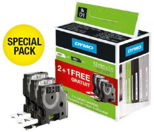 DYMO D1-Schriftband, 12mm x 7m, schwarz auf weiß 3 Bänder (2 + 1 gratis)
