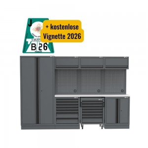 Semloc WorkSpace Kombi-Werkstatteinrichtung mit Edelstahl-ummantelter Arbeitsplatte, Abmessung 2955x495x2000